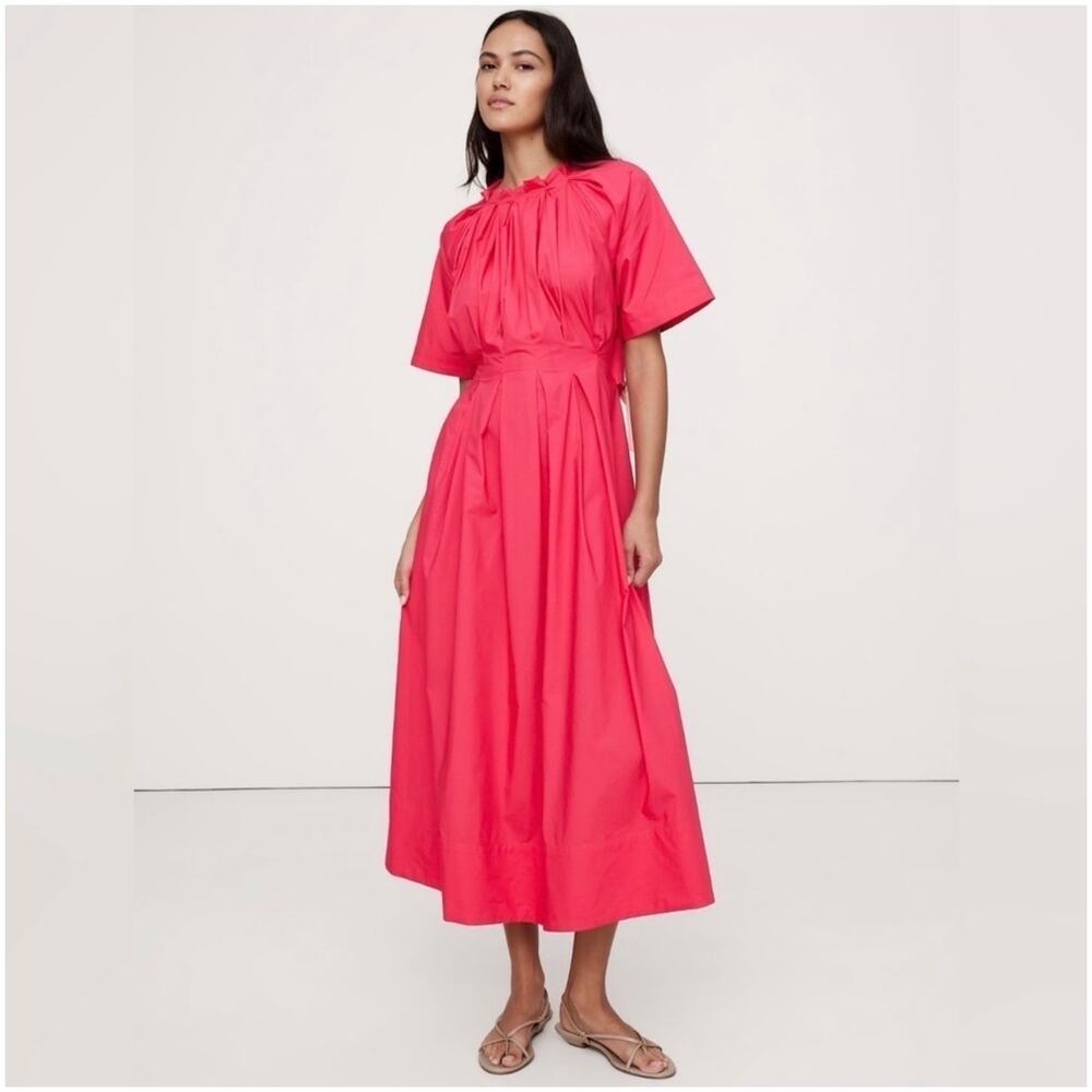 Banana Republic Dress Womens Large Coral Gem Cotton Poplin Midi Open Back Pleats